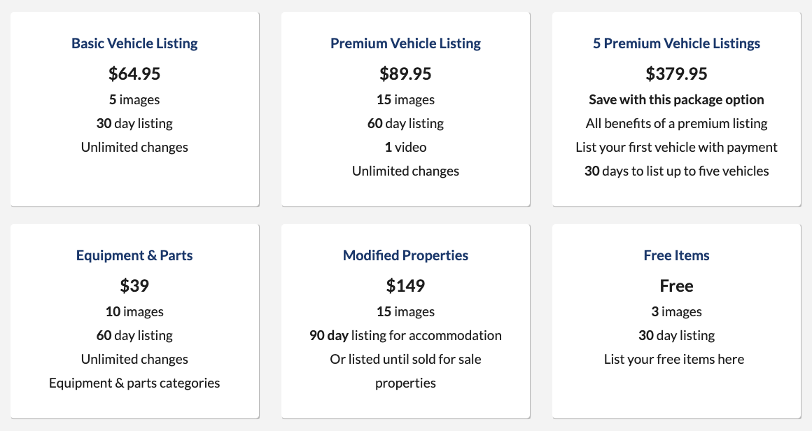 Commercial pricing table showing listing fees for commercial sellers on eBility.